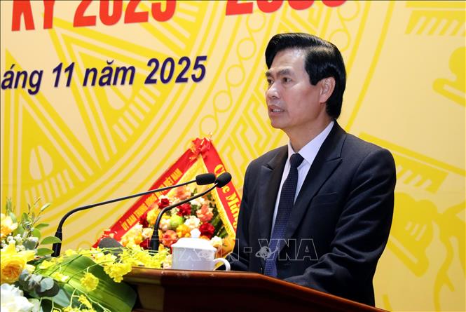 Bí thư Tỉnh ủy Lạng Sơn Hoàng Quốc Khánh phát biểu tại Đại hội. Ảnh: Văn Đạt - TTXVN