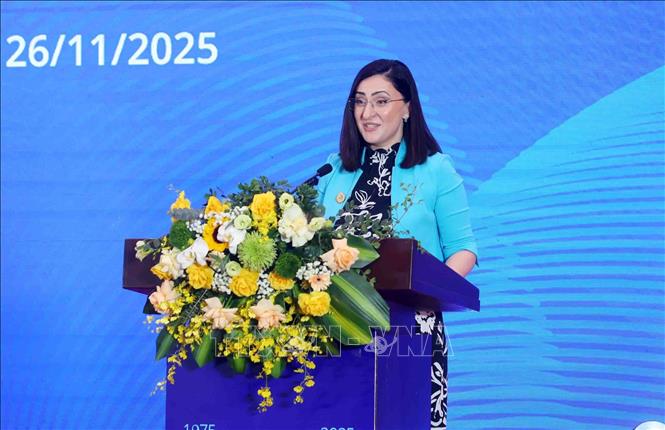 Bà Sopio Kiladze, Chủ tịch Ủy ban về quyền trẻ em của Liên hợp quốc phát biểu. Ảnh: Phạm Kiên - TTXVN