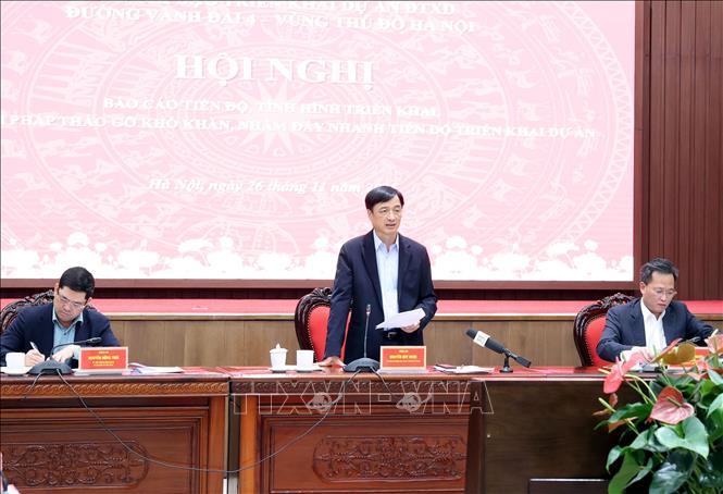 Ủy viên Bộ Chính trị, Bí thư Thành ủy Hà Nội, Trưởng Ban Chỉ đạo triển khai Dự án đầu tư xây dựng đường Vành đai 4 - Vùng Thủ đô Hà Nội Nguyễn Duy Ngọc phát biểu tại hội nghị. Ảnh Vũ Quang – TTXVN