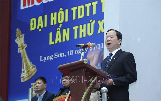 Giám đốc Sở Văn hóa, Thể thao và Du lịch tỉnh Lạng Sơn Nguyễn Đặng Ân, Phó trưởng ban thường trực Ban chỉ đạo Đại hội Thể dục Thể thao tỉnh Lạng Sơn lần thứ 10, năm 2026, phát biểu khai mạc Giải. Ảnh: Anh Tuấn – TTXVN
