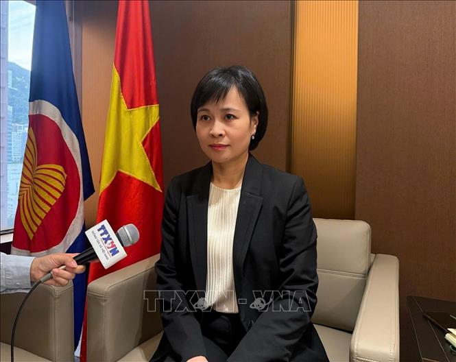 Tổng Lãnh sự Việt Nam tại Hong Kong (Trung Quốc) Lê Đức Hạnh trao đổi với phóng viên TTXVN về công tác chuẩn bị cho việc bảo hộ công dân sau vụ cháy quần thể chung cư. Ảnh: Thành Nam - PV TTXVN tại Hong Kong (Trung Quốc)