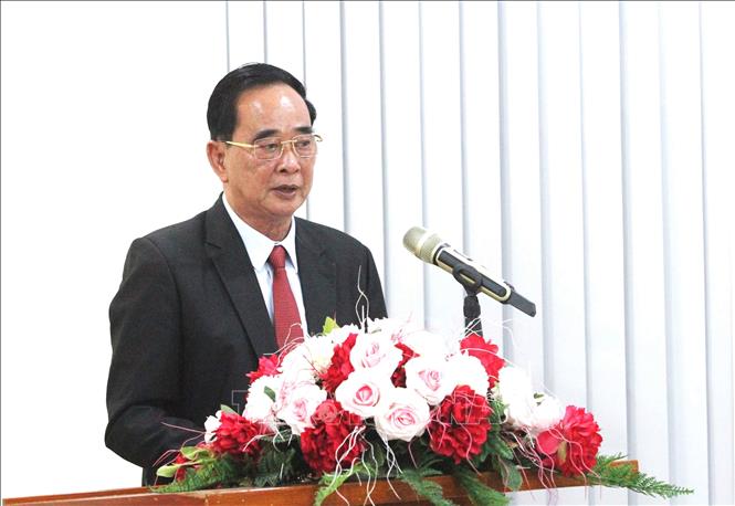 Ông Sim Chy, Chủ tịch Hội Khmer-Việt Nam tại Campuchia phát biểu tại cuộc gặp. Ảnh: Hoàng Minh - PV TTXVN tại Campuchia 