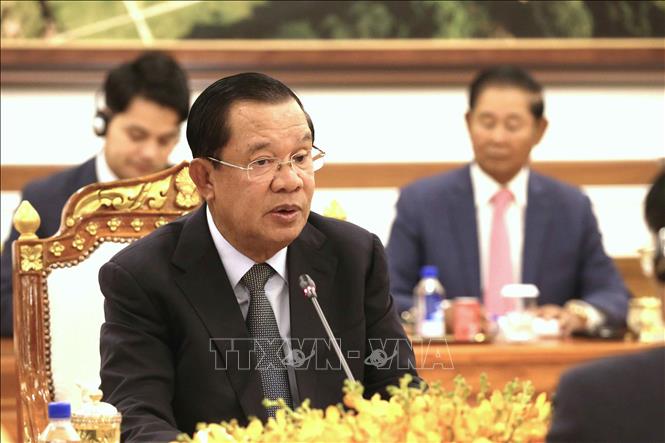 Chủ tịch Thượng viện Vương quốc Campuchia Samdech Techo Hun Sen phát biểu tại cuộc gặp. Ảnh: Huỳnh Thảo - PV TTXVN tại Campuchia