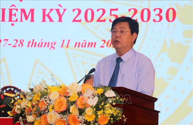 Ủy viên BCH Trung ương Đảng, Bí thư Tỉnh ủy An Giang Nguyễn Tiến Hải phát biểu chỉ đạo Đại hội. Ảnh: Lê Huy Hải - TTXVN