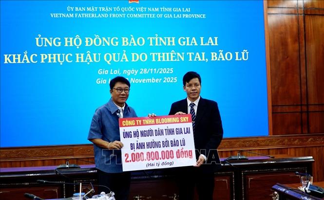 Đại diện lãnh đạo Công ty TNHH Blooming Sky trao 2 tỷ đồng ủng hộ đồng bào Gia Lai bị thiệt hại bởi thiên tai. Ảnh: Sỹ Thắng -TTXVN
