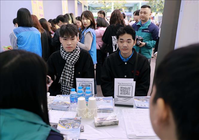Sinh viên tìm kiếm cơ hội việc làm tại một gian hàng. Ảnh: Nguyễn Thảo -TTXVN