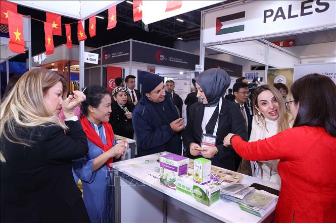 Đại biểu tham quan các gian hàng hợp tác xã, doanh nhiệp Việt Nam tại tại triển lãm Halal Expo 2025. Ảnh: Văn Điệp - TTXVN 