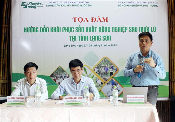 Cán bộ Trường Cao đẳng Kinh tê, Kĩ thuật và Thủy sản hướng dẫn người dân vùng lũ tỉnh Lạng Sơn khôi phục sản xuất nông nghiệp. Ảnh: Văn Đạt - TTXVN