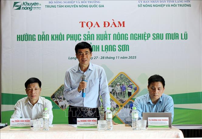 Phó Giám đốc Trung tâm Khuyến nông quốc gia Hoàng Văn Hồng phát biểu tại Tọa đàm hướng dẫn người dân vùng lũ Lạng Sơn khôi phục sản xuất nông nghiệp. Ảnh: Văn Đạt - TTXVN