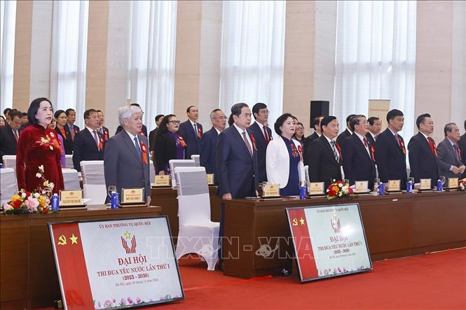 Chủ tịch Quốc hội Trần Thanh Mẫn và đại biểu thực hiện nghi thức chào cờ Đại hội. Ảnh: Doãn Tấn - TTXVN