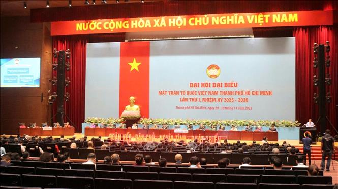 Toàn cảnh khai mạc Đại hội đại biểu MTTQ Việt Nam TP.Hồ Chí Minh lần thứ I, nhiệm kỳ 2025-2030. Ảnh: Huyền Trang - TTXVN