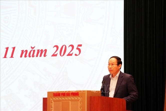 Bí thư Thành ủy Hải Phòng Lê Tiến Châu phát biểu kết luận hội nghị. Ảnh: Mạnh Minh – TTXVN