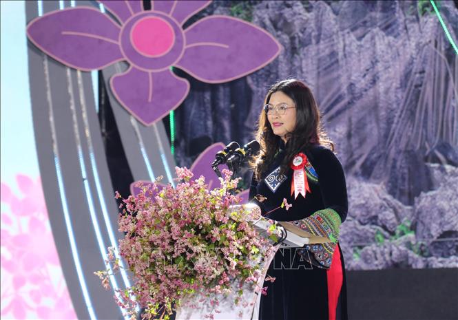  Bà Vương Ngọc Hà, Phó Chủ tịch UBND tỉnh Tuyên Quang phát biểu tại Lễ hội Hoa Tam giác mạch lần thứ XI. Ảnh: Đức Thọ - TTXVN.