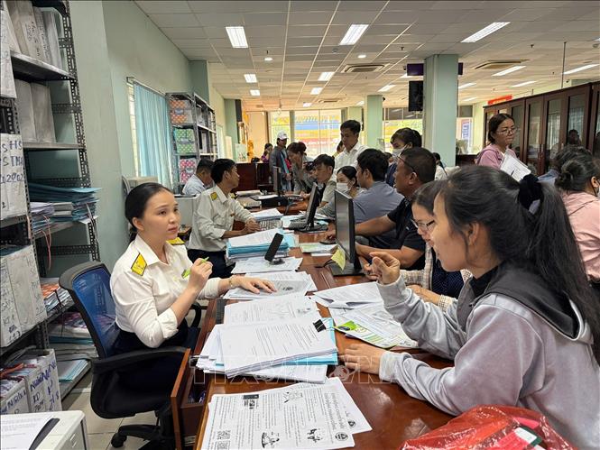 Cán bộ Thuế Cơ sở 12 tập trung giải đáp các vướng mắc cho hộ kinh doanh trước thời điểm chuyển đổi mô hình quản lý thuế. Ảnh: Hứa Chung-TTXVN