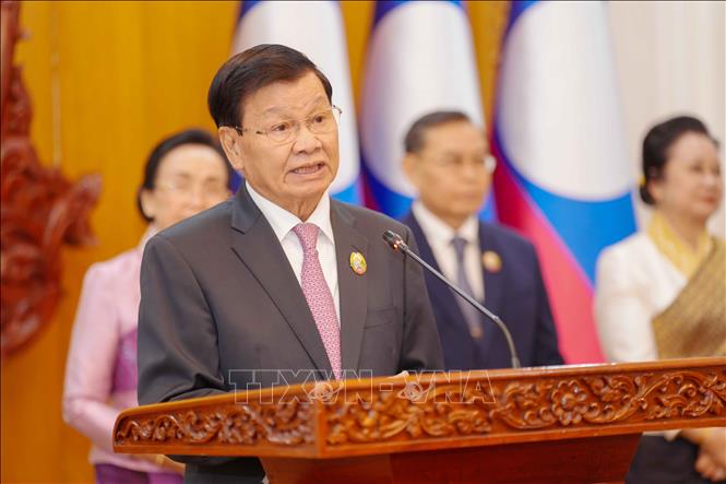Tổng Bí thư, Chủ tịch nước  Lào Thongloun Sisoulith phát biểu tại sự kiện. Ảnh: Đỗ Bá Thành - PV TTXVN tại Lào 