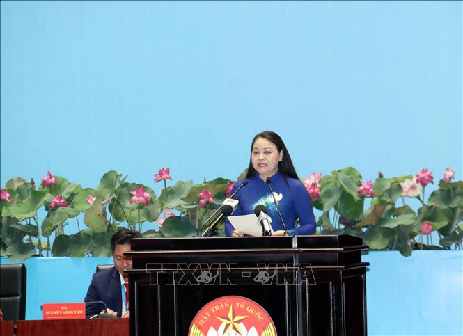 Bà Nguyễn Thị Thu Hà, Phó Chủ tịch - Tổng Thư ký Ủy ban Trung ương MTTQ Việt Nam phát biểu tại Đại hội. Ảnh: Xuân Khu-TTXVN
