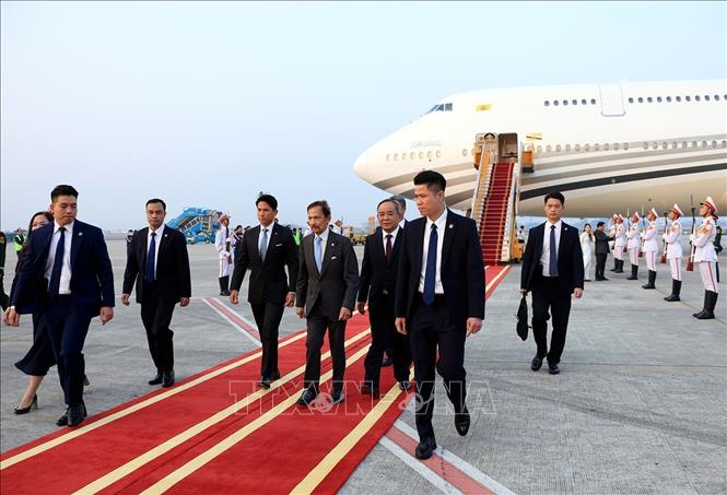 Chủ nhiệm Văn phòng Chủ tịch nước Lê Khánh Hải đón Quốc vương Brunei Darussalam Haji Hassanal Bolkiah tại sân bay quốc tế Nội Bài. Ảnh: Tuấn Anh - TTXVN