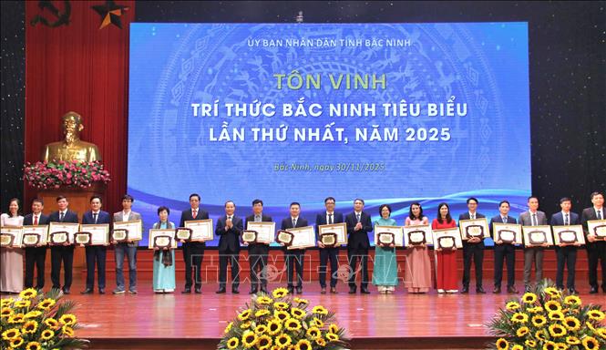 Phó Chủ tịch thường trực UBND tỉnh Bắc Ninh Mai Sơn trao Bằng khen của Chủ tịch UBND tỉnh Bắc Ninh cho các trí thức Bắc Ninh tiêu biểu. Ảnh: Việt Hùng - TTXVN
