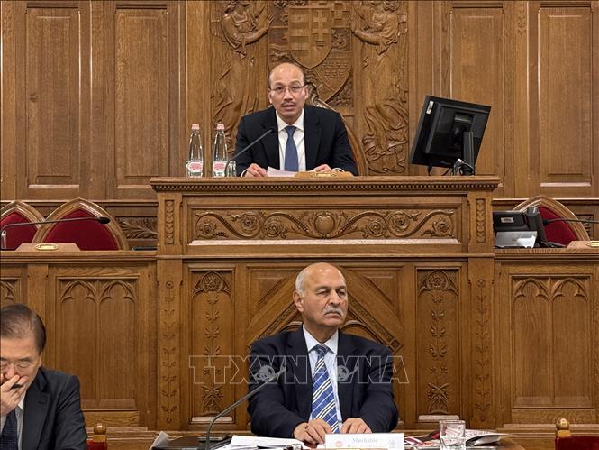 Đại sứ Bùi Lê Thái (hàng ghế trên) phát biểu tại Diễn đàn Chính trị Á – Âu lần thứ 6 tại Hungary. Ảnh: TTXVN phát