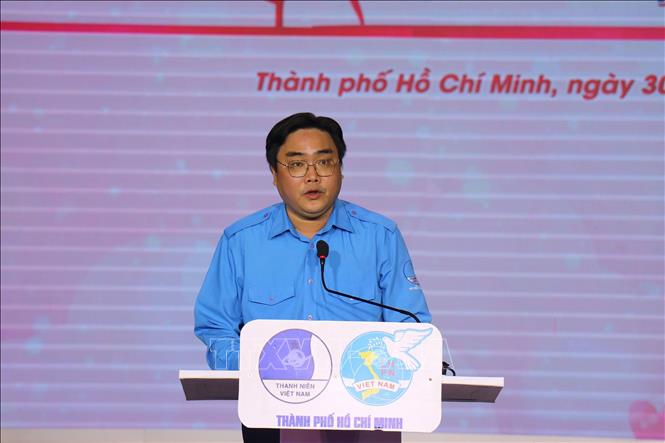 Anh Ngô Minh Hải, Chủ tịch Hội LIên hiệp Thanh niên Việt Nam Thành phố Hồ Chí Minh phát biểu tại lễ tuyên dương. Ảnh: Thanh Vũ-TTXVN