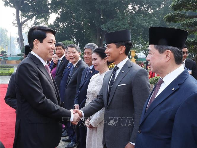 Chủ tịch nước Lương Cường và Quốc vương Brunei Darussalam Haji Hassanal Bolkiah với đại biểu hai nước. Ảnh: Lâm Khánh – TTXVN
