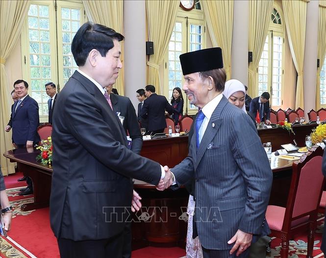 Chủ tịch nước Lương Cường và Quốc vương Brunei Darussalam Haji Hassanal Bolkiah sau hội đàm. Ảnh: Lâm Khánh – TTXVN