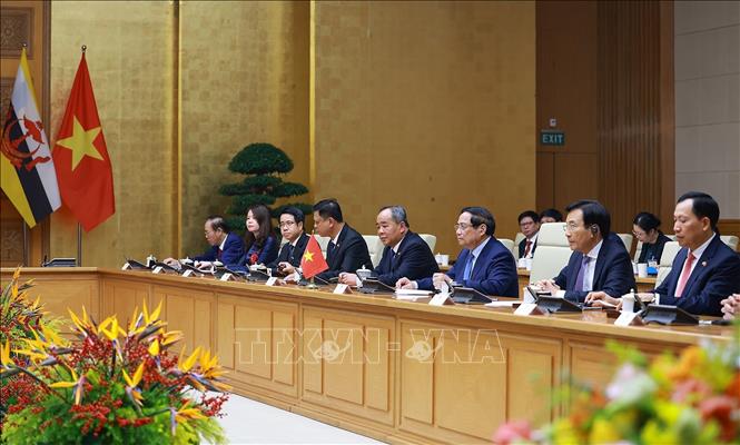 Thủ tướng Phạm Minh Chính phát biểu tại cuộc hội kiến Quốc vương Brunei Darussalam Haji Hassanal Bolkiah. Ảnh: Dương Giang-TTXVN
