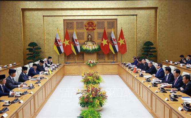 Thủ tướng Phạm Minh Chính hội kiến Quốc vương Brunei Darussalam Haji Hassanal Bolkiah. Ảnh: Dương Giang-TTXVN
