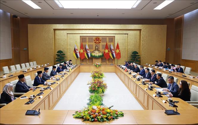 Thủ tướng Phạm Minh Chính hội kiến Quốc vương Brunei Darussalam Haji Hassanal Bolkiah. Ảnh: Dương Giang-TTXVN
