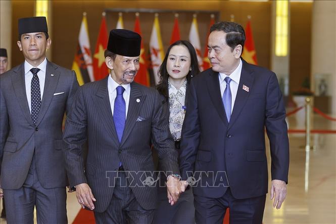 Chairman of the National Assembly Tran Thanh Man welcomes Sultan of Brunei Haji Hassanal Bolkiah. VNA Photo: Doãn Tấn