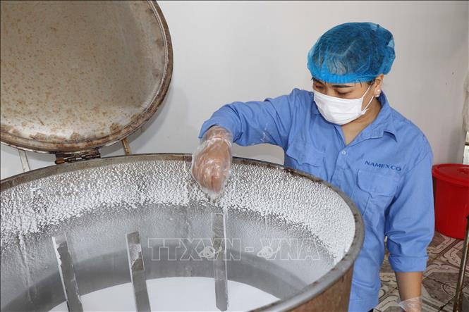 Kiểm tra độ sạch của hạt muối. Ảnh: Công Luật - TTXVN