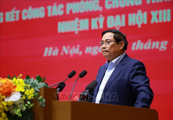 Thủ tướng Phạm Minh Chính phát biểu chỉ đạo Hội nghị của Đảng uỷ Chính phủ tổng kết công tác phòng, chống tham nhũng, lãng phí, tiêu cực. Ảnh: Dương Giang-TTXVN
