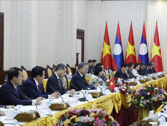 Tổng Bí thư Tô Lâm phát biểu tại cuộc hội kiến Thủ tướng Lào Sonexay Siphandone. Ảnh: Thống Nhất - TTXVN