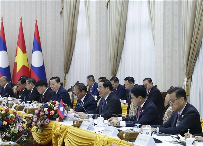 Thủ tướng Lào Sonexay Siphandone phát biểu tại cuộc hội kiến Tổng Bí thư Tô Lâm. Ảnh: Thống Nhất - TTXVN