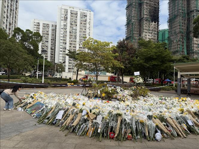 Người dân Hong Kong đặt những bông hoa tươi để bày tỏ thương tiếc đối với các nạn nhân. Ảnh: Mạc Luyện - PV TTXVN tại Hong Kong 