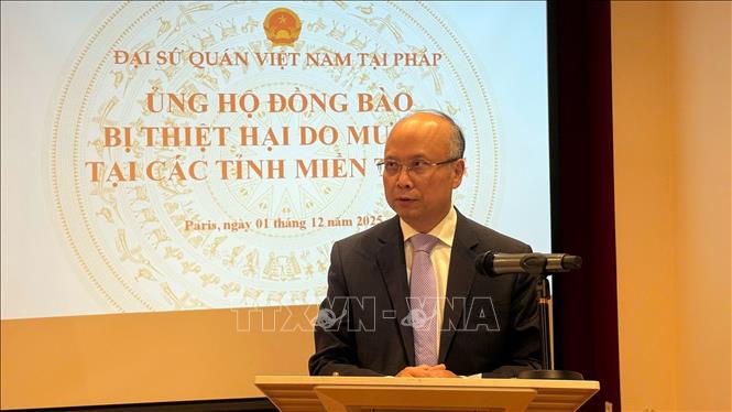 Đại sứ Việt Nam tại Pháp Đinh Toàn Thắng phát biểu tại buổi lễ. Ảnh: Hữu Chiến - P/v TTXVN tại Pháp 