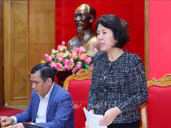 Đồng chí Nguyễn Thị Hoàng Vân, Phó Bí thư Đảng uỷ, Trưởng Ban Chỉ đạo 35 Đảng uỷ phát biểu tại hội nghị. Ảnh: Phương Hoa – TTXVN