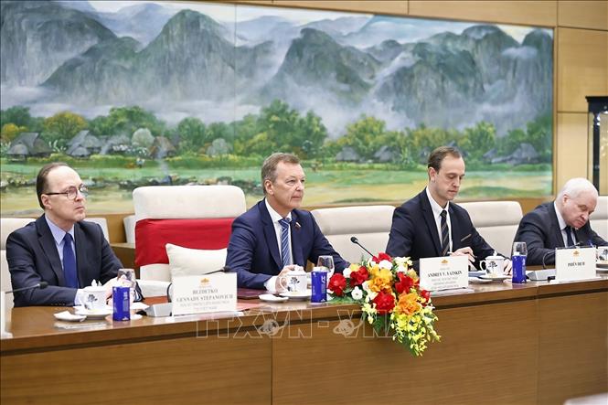 Phó Chủ tịch Thứ nhất Hội đồng Liên bang Quốc hội Liên bang Nga Andrey Vladimirovich Yatskin phát biểu . Ảnh: Doãn Tấn - TTXVN