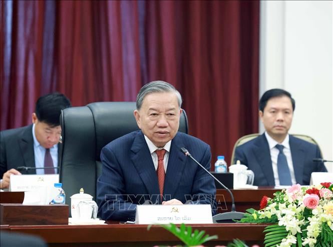 General Secretary of the Communist Party of Vietnam (CPV) To Lam speaks at the high-level meeting between the Communist Party of Vietnam and the Lao People’s Revolutionary Party. VNA Photo: Thống Nhất