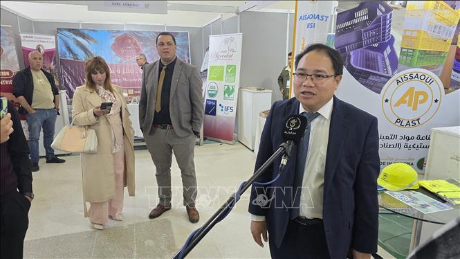 Tham tán thương mại Việt Nam tại Algeria trả lời phỏng vấn của truyền hình địa phương về tiềm năng hợp tác hai nước. Ảnh: Nguyễn An - PV TTXVN tại Algeria