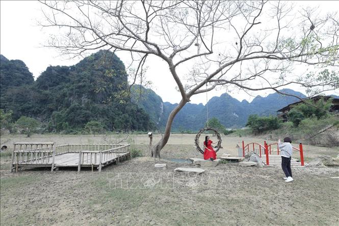 Du khách thích thú chụp ảnh cho nhau trong không gian Khu cắm trại Michi Camp. Ảnh: Anh Tuấn – TTXVN