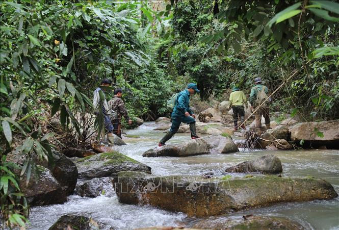 Lực lượng kiểm lâm và người dân các tổ quản lý, bảo vệ rừng cộng đồng cắt rừng, băng suối trong hành trình kiểm tra, tuần tra rừng vùng lõi đại ngàn Pù Huống. Ảnh: Xuân Tiến - TTXVN 