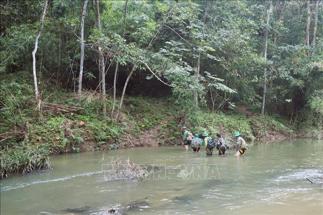 Hành trình tuần tra, kiểm tra, bảo vệ rừng của lực lượng kiểm lâm phối hợp với người dân địa phương rất vất vả khi phải liên tục lội suối để di chuyển dài ngày trong rừng. Ảnh: Xuân Tiến - TTXVN 