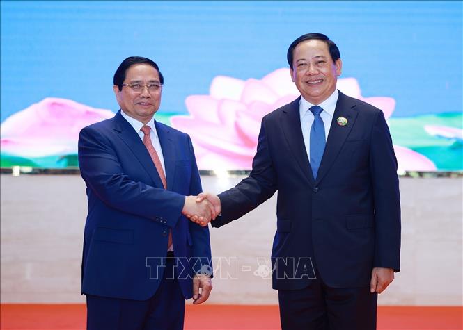 Thủ tướng Phạm Minh Chính và Thủ tướng Lào Sonexay Siphandone đồng chủ trì Kỳ họp lần thứ 48 Ủy ban liên Chính phủ về hợp tác song phương Việt Nam - Lào. Ảnh: Dương Giang-TTXVN
