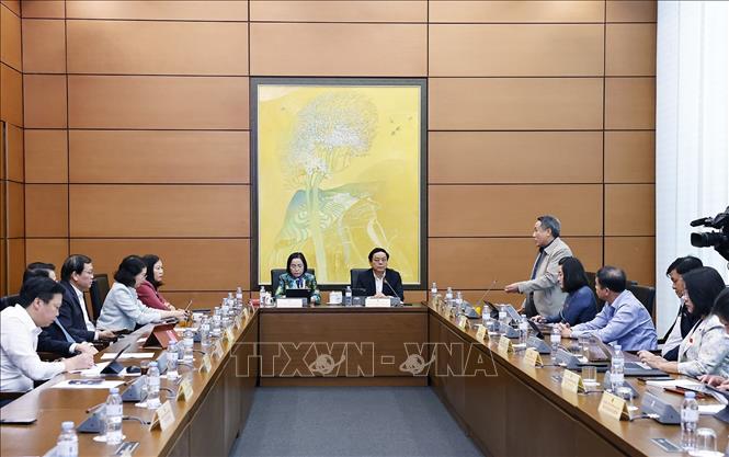 Đoàn đại biểu Quốc hội các tỉnh Quảng Trị và Ninh Bình thảo luận ở tổ. Ảnh: Doãn Tấn - TTXVN