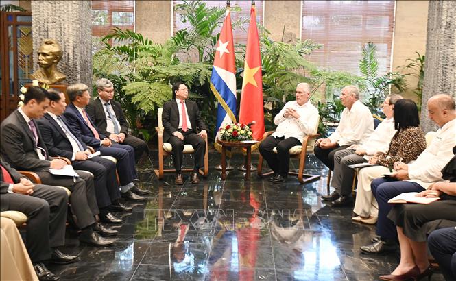 Phó Thủ tướng Hồ Quốc Dũng hội kiến Bí thư thứ nhất Ban Chấp hành Trung ương Đảng Cộng sản Cuba, Chủ tịch nước Miguel Díaz-Canel Bermúdez. Ảnh: Việt Hùng - PV TTXVN tại Cuba