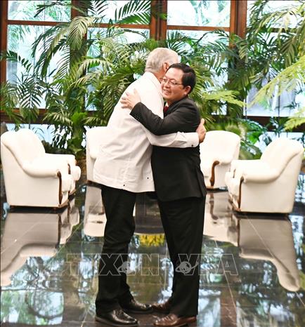 Bí thư thứ nhất Ban Chấp hành Trung ương Đảng Cộng sản Cuba, Chủ tịch nước Miguel Díaz-Canel Bermúdez tiếp Phó Thủ tướng Hồ Quốc Dũng. Ảnh: Việt Hùng - PV TTXVN tại Cuba