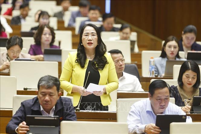 NA deputy Nguyen Thi Thuy from the northern province of Thai Nguyen speaks at the session. VNA Photo: Doãn Tấn