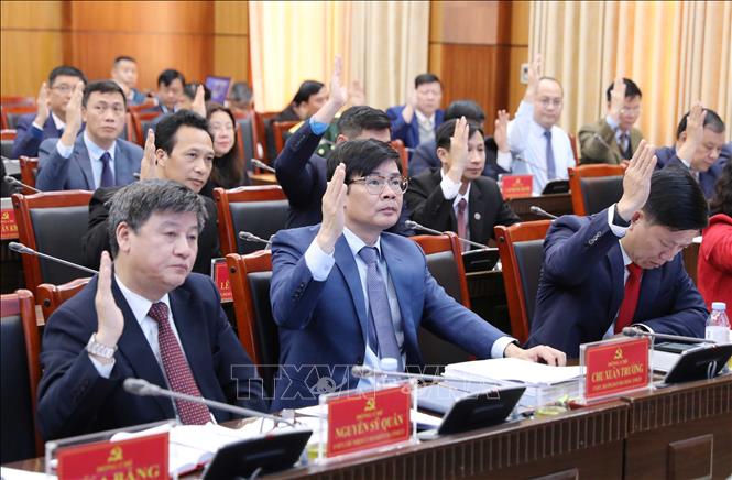 Các đại biểu biểu quyết thông qua Nghị quyết của Ban Chấp hành Đảng bộ. Ảnh: Trung Kiên - TTXVN