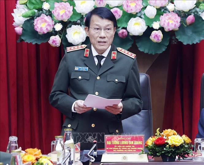Đại tướng Lương Tam Quang, Ủy viên Bộ Chính trị, Bí thư Đảng ủy Công an Trung ương, phát biểu. Ảnh: Thống Nhất – TTXVN